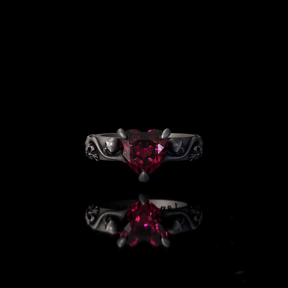 Till Death Do Us Part Heart Gem Sterling Silver Skull Ring | RoyalLuster.com