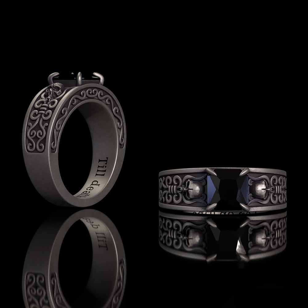 Till Death Do Us Part Skull Gem-Set Sterling Silver Ring | RoyalLuster.com