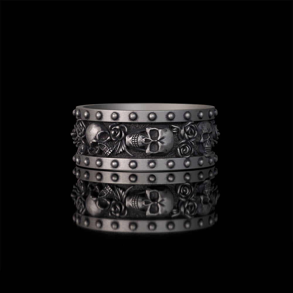 Till Death Do Us Part Skull Rose Sterling Silver Ring