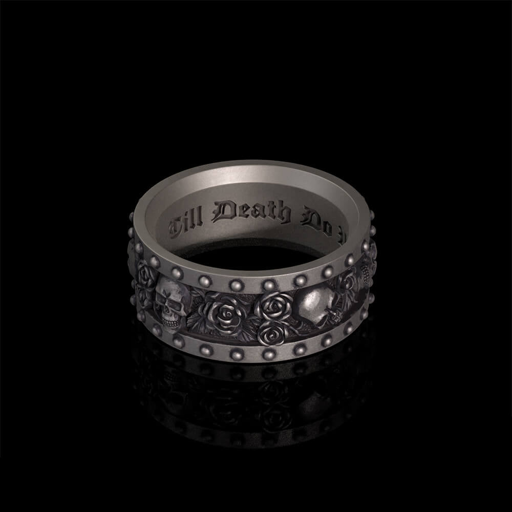 Till Death Do Us Part Skull Rose Sterling Silver Ring | RoyalLuster.com