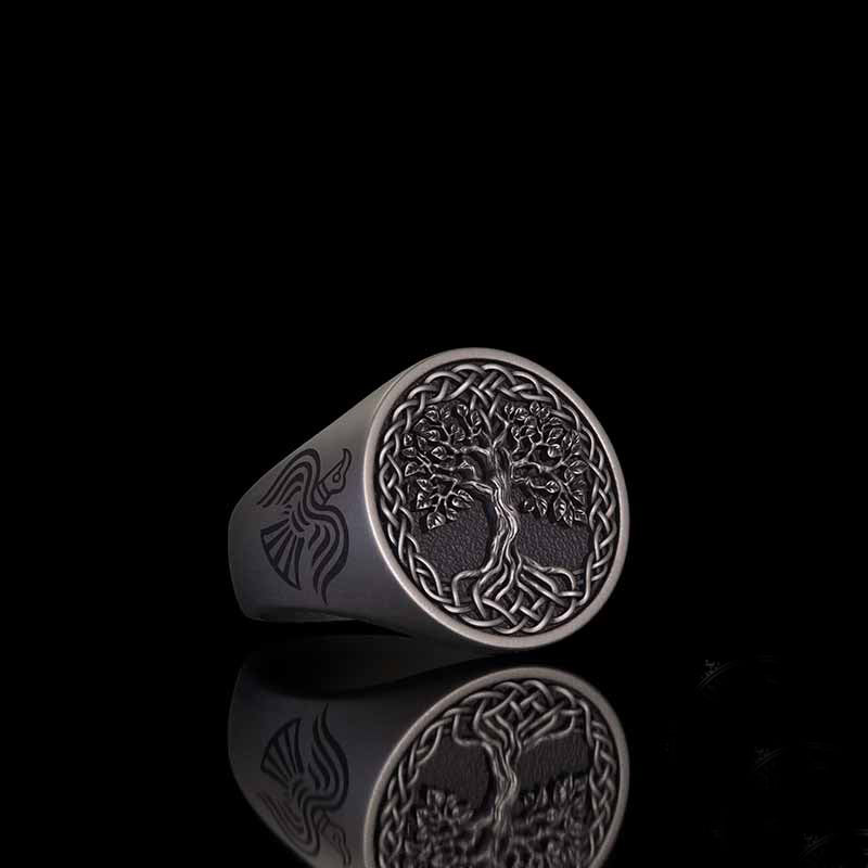 Tree of Life Viking Raven Sterling Silver Ring
