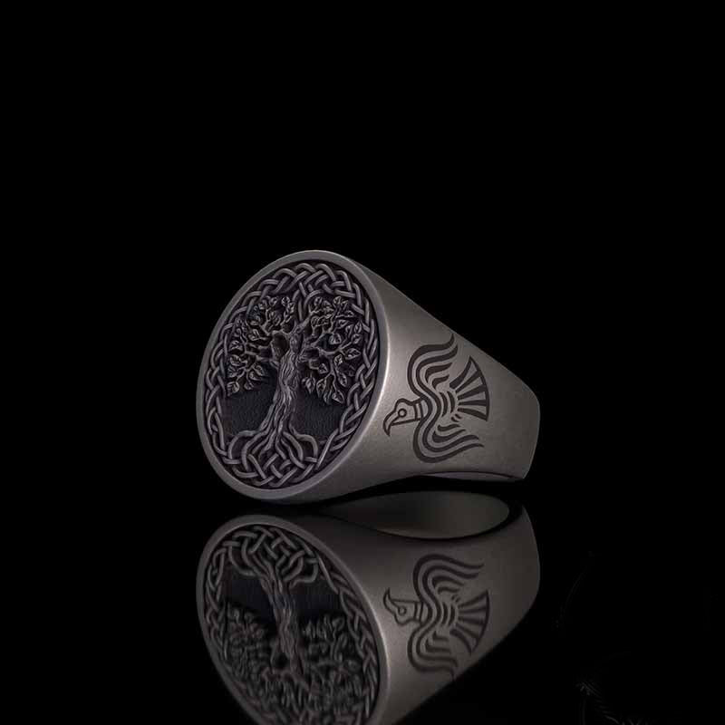Tree of Life Viking Raven Sterling Silver Ring