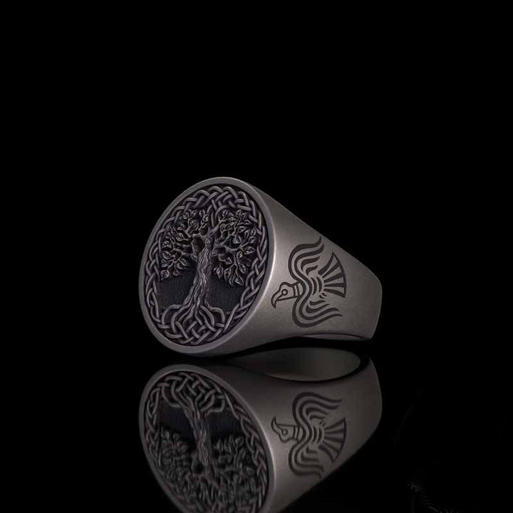Tree of Life Viking Raven Sterling Silver Ring