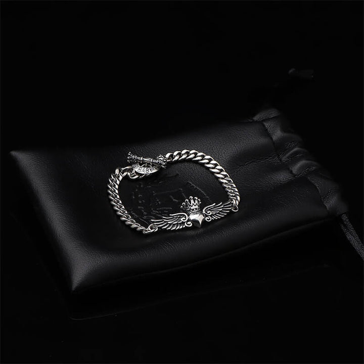 USA Love Heart Wings Crown 925 Sterling Silver Women's Bracelet 02 | RoyalLuster.com