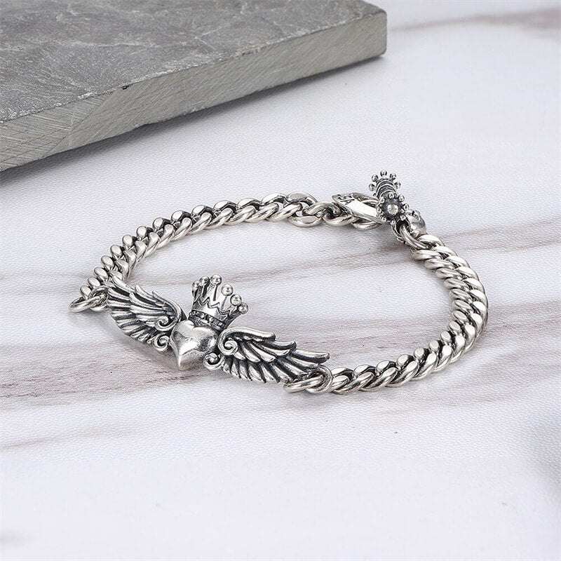 USA Love Heart Wings Crown 925 Sterling Silver Women's Bracelet 03 | RoyalLuster.com
