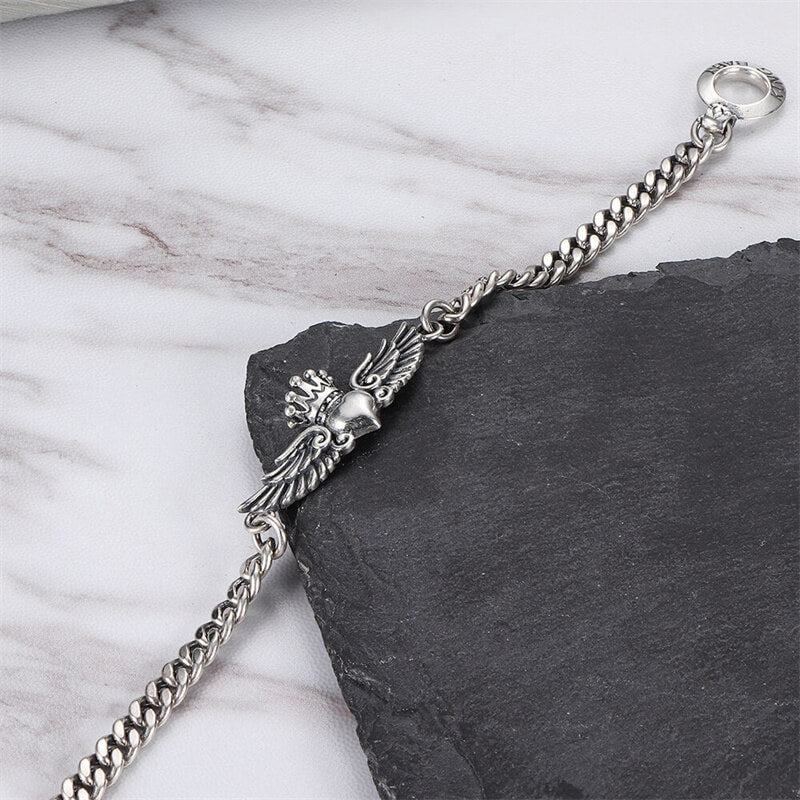 USA Love Heart Wings Crown 925 Sterling Silver Women's Bracelet 04 | RoyalLuster.com