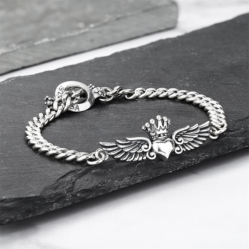 USA Love Heart Wings Crown 925 Sterling Silver Women's Bracelet 05 | RoyalLuster.com