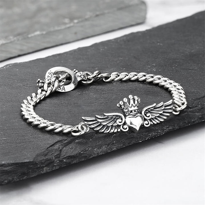 USA Love Heart Wings Crown 925 Sterling Silver Women's Bracelet 05 | RoyalLuster.com