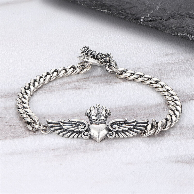 USA Love Heart Wings Crown 925 Sterling Silver Bracelet