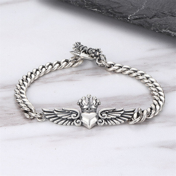 USA Love Heart Wings Crown 925 Sterling Silver Bracelet