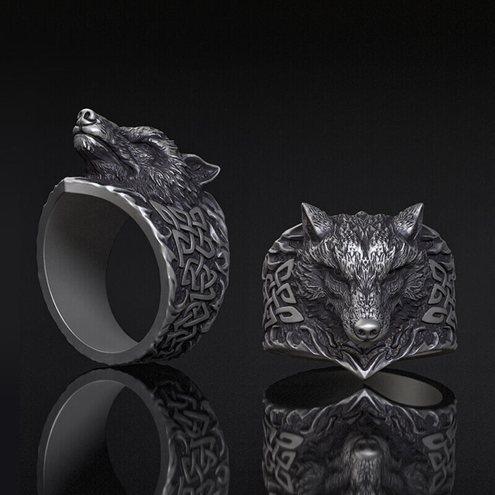 Viking Celtic Knot Wolf Head Sterling Silver Ring | RoyalLuster.com