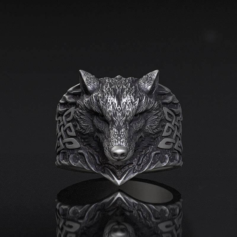 Viking Celtic Knot Wolf Head Sterling Silver Ring | RoyalLuster.com