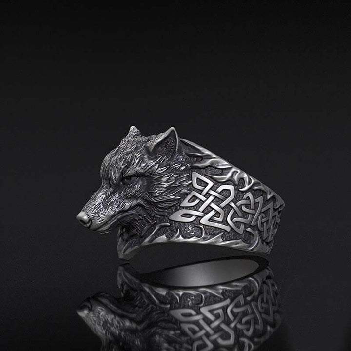 Viking Celtic Knot Wolf Head Sterling Silver Ring | RoyalLuster.com