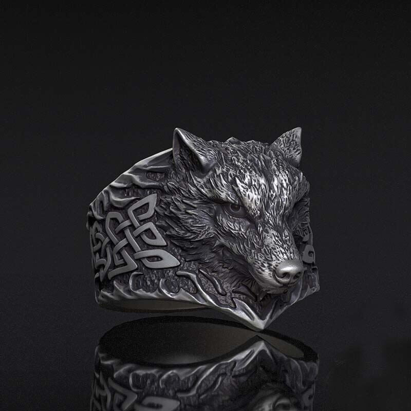 Viking Celtic Knot Wolf Head Sterling Silver Ring | RoyalLuster.com