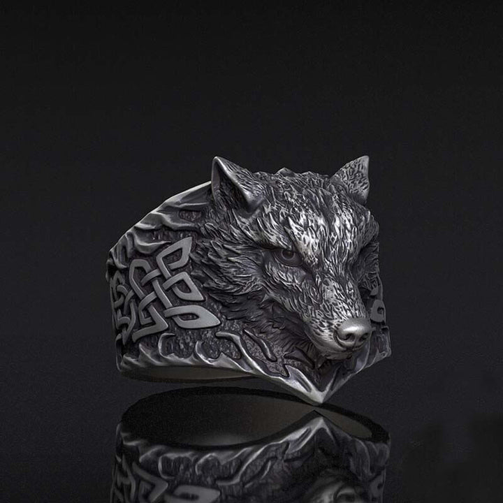 Viking Celtic Knot Wolf Head Sterling Silver Ring | RoyalLuster.com