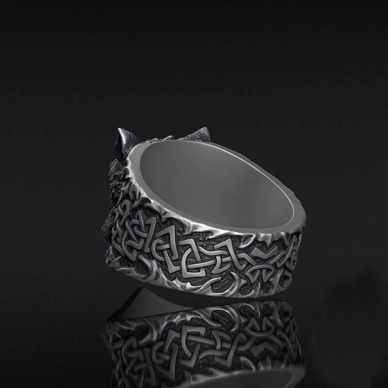 Viking Celtic Knot Wolf Head Sterling Silver Ring