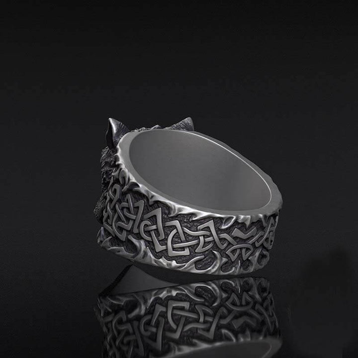 Viking Celtic Knot Wolf Head Sterling Silver Ring