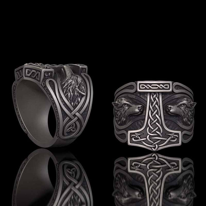 Viking Thor's Hammer Double Wolves Sterling Silver Ring | RoyalLuster.com