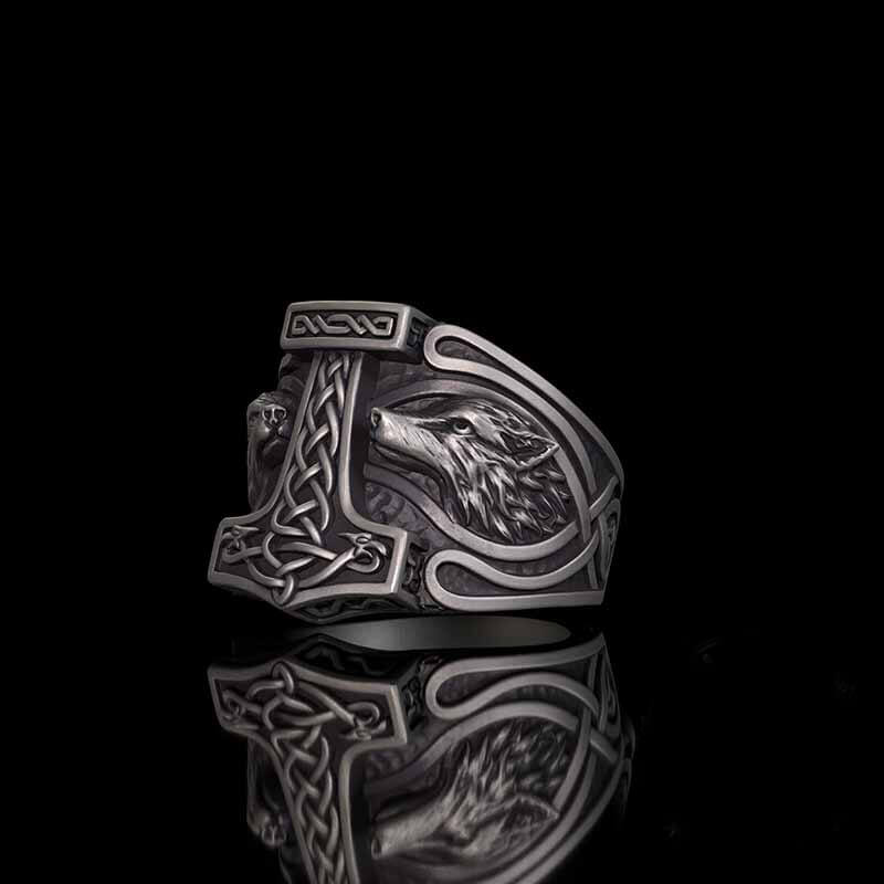 Viking Thor's Hammer Double Wolves Sterling Silver Ring | RoyalLuster.com