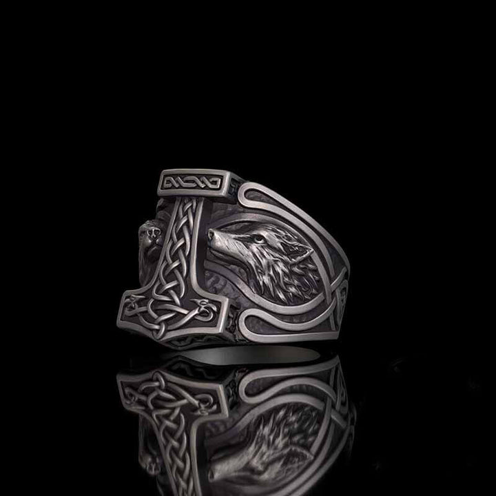 Viking Thor's Hammer Double Wolves Sterling Silver Ring | RoyalLuster.com