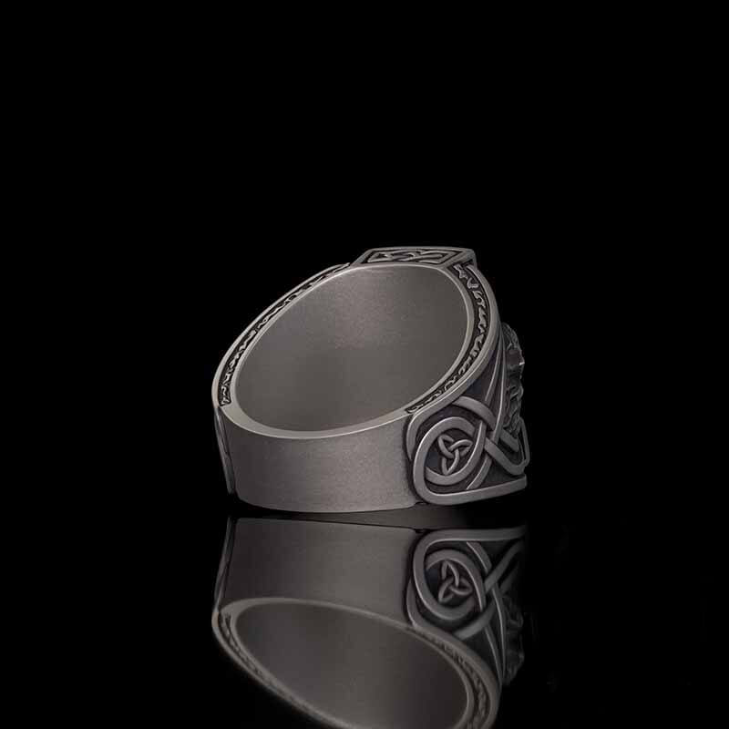 Viking Thor's Hammer Double Wolves Sterling Silver Ring