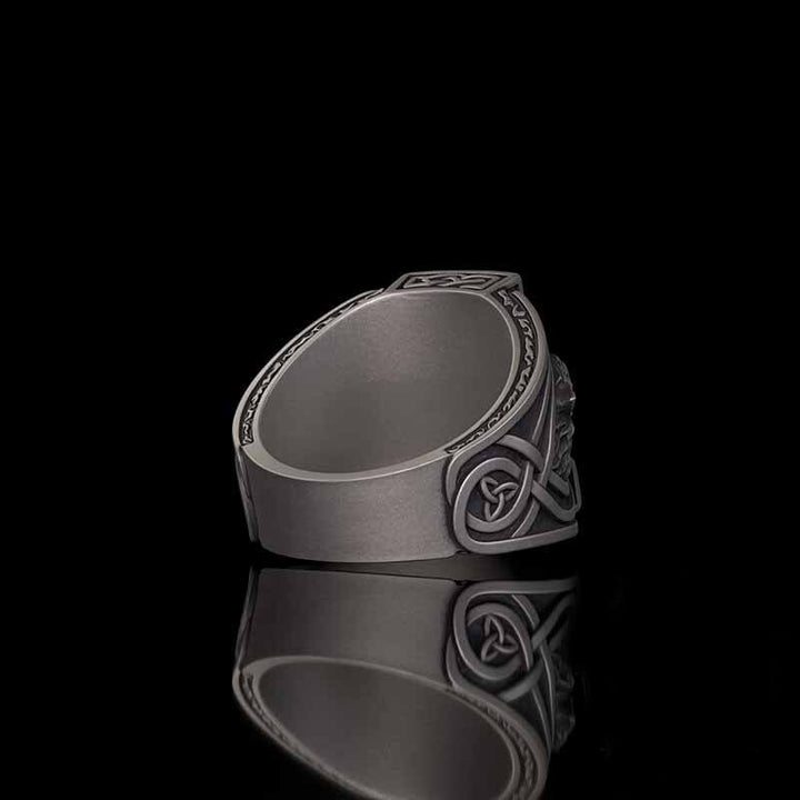 Viking Thor's Hammer Double Wolves Sterling Silver Ring