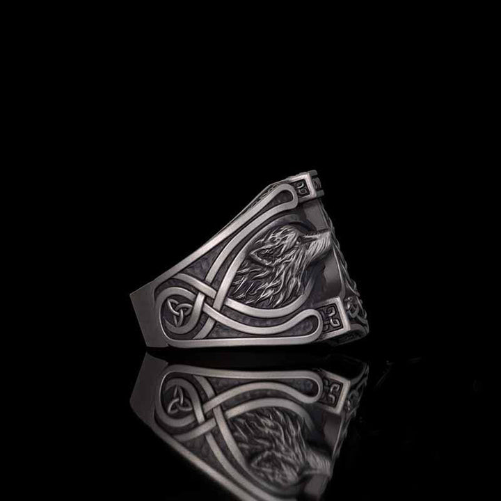 Viking Thor's Hammer Double Wolves Sterling Silver Ring