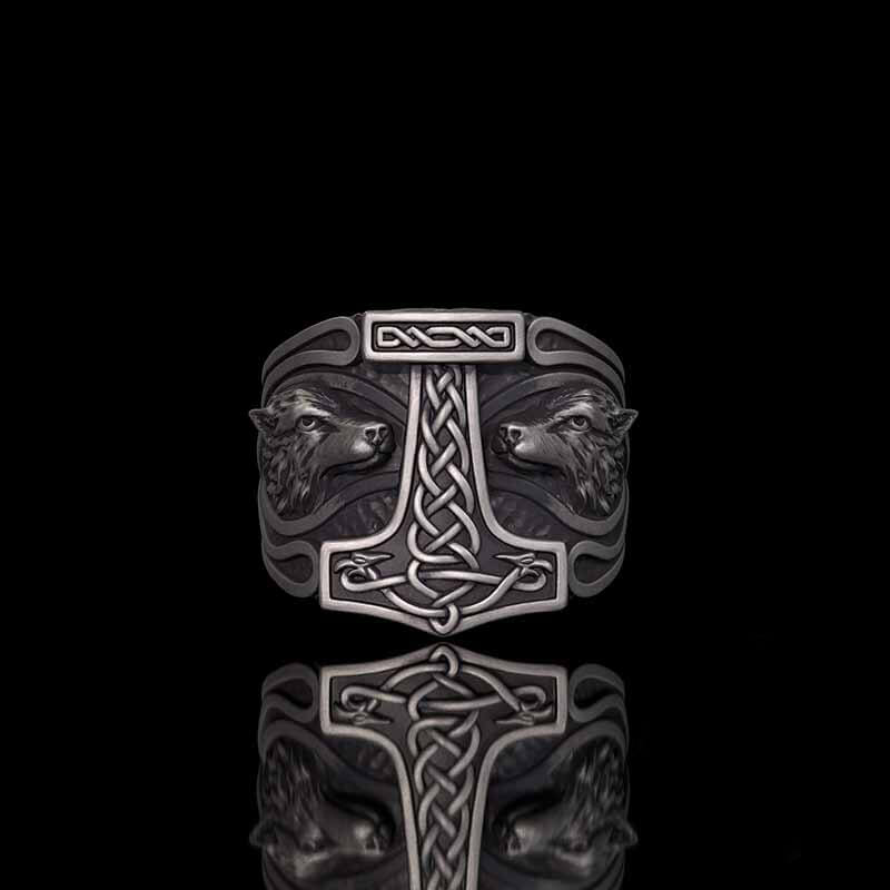 Viking Thor's Hammer Double Wolves Sterling Silver Ring | RoyalLuster.com