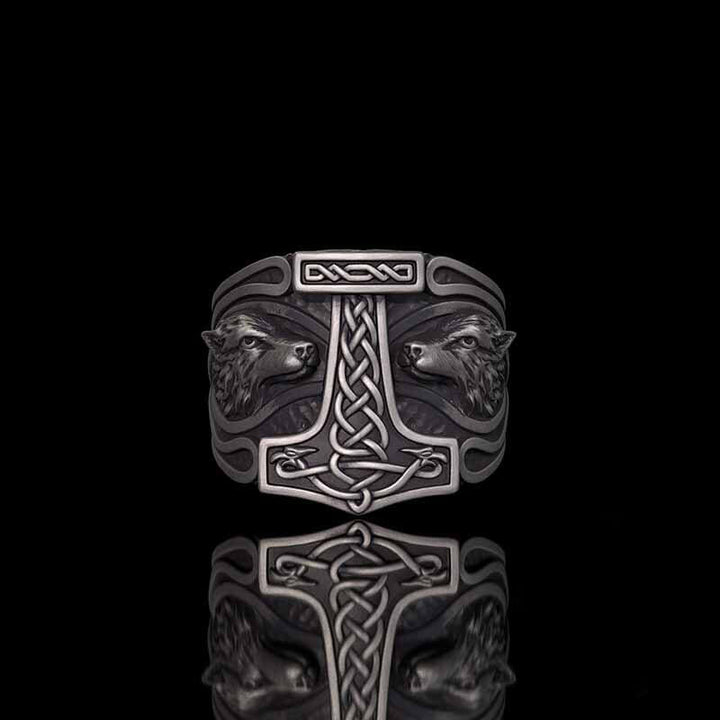 Viking Thor's Hammer Double Wolves Sterling Silver Ring | RoyalLuster.com