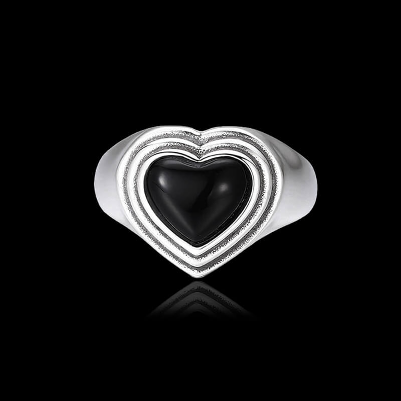 Vintage Black Onyx Heart 925 Sterling Silver Open Ring 01 | RoyalLuster.com