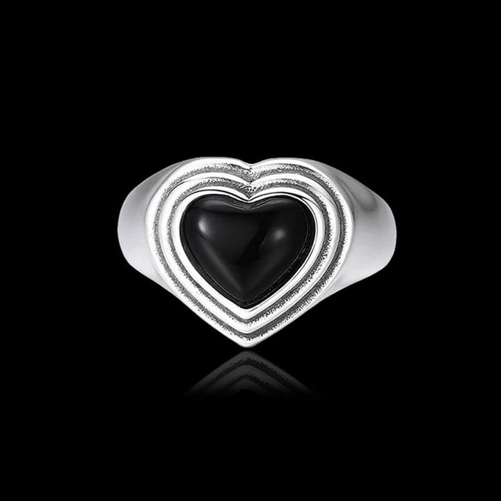Vintage Black Onyx Heart 925 Sterling Silver Open Ring 01 | RoyalLuster.com