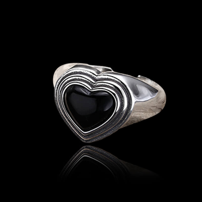 Vintage Black Onyx Heart 925 Sterling Silver Open Ring 02 | RoyalLuster.com