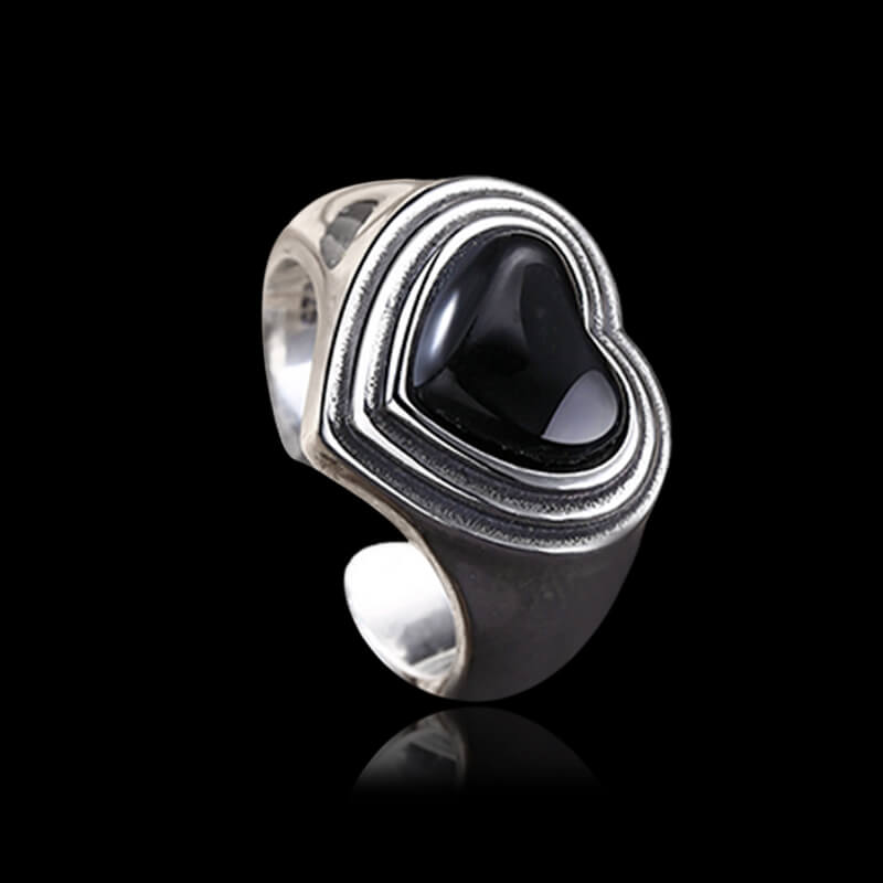 Vintage Black Onyx Heart 925 Sterling Silver Open Ring 03 | RoyalLuster.com