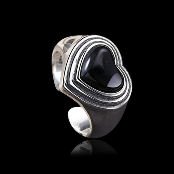 Vintage Black Onyx Heart 925 Sterling Silver Open Ring 03 | RoyalLuster.com