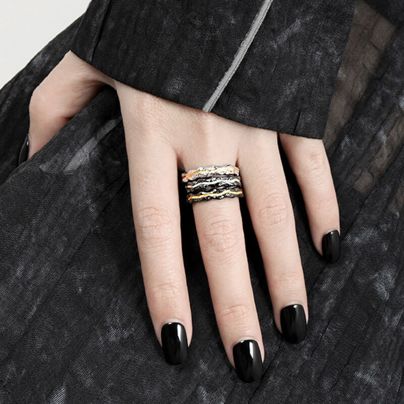Vintage Colorblock Irregular 925 Sterling Silver Open Ring 02 | RoyalLuster.com