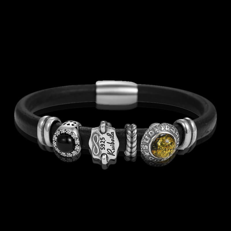 Vintage Cowhide Amber Onyx 925 Sterling Silver Bracelet 01 | RoyalLuster.com