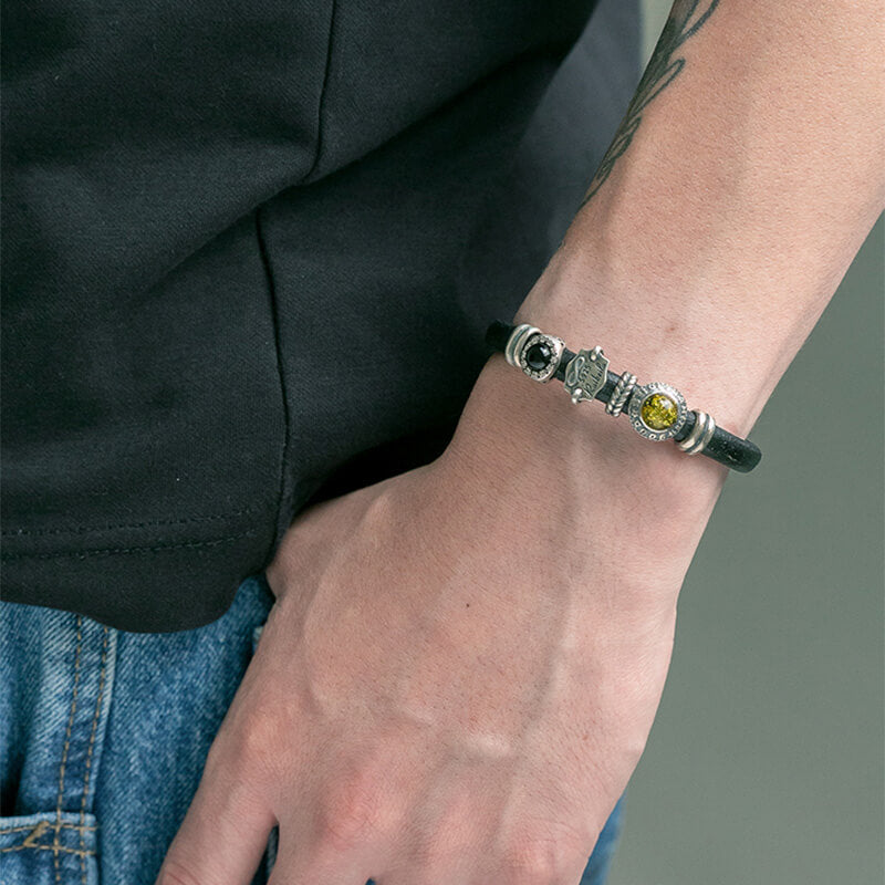 Vintage Cowhide Amber Onyx 925 Sterling Silver Bracelet 02 | RoyalLuster.com