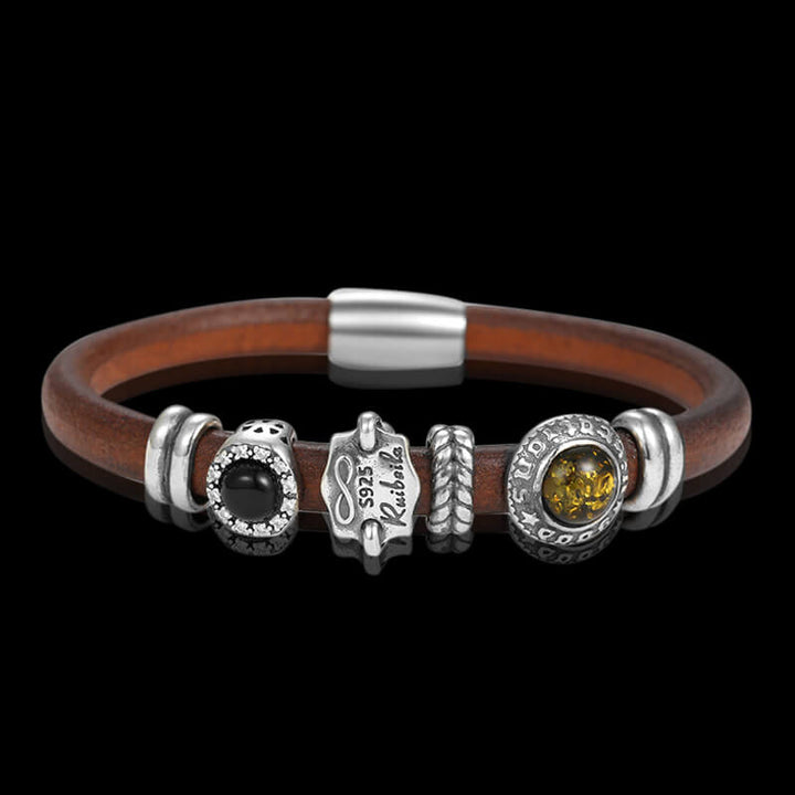 Vintage Cowhide Amber Onyx 925 Sterling Silver Bracelet 03 | RoyalLuster.com
