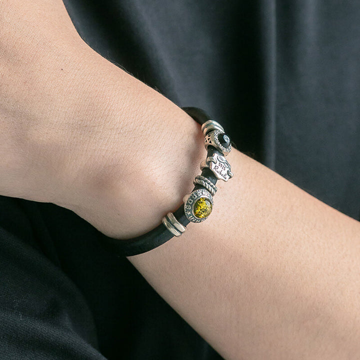 Vintage Cowhide Amber Onyx 925 Sterling Silver Bracelet 04 | RoyalLuster.com
