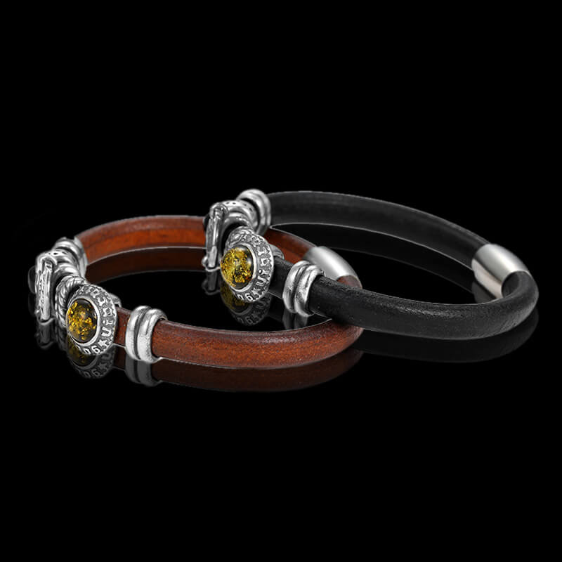 Vintage Cowhide Amber Onyx 925 Sterling Silver Bracelet