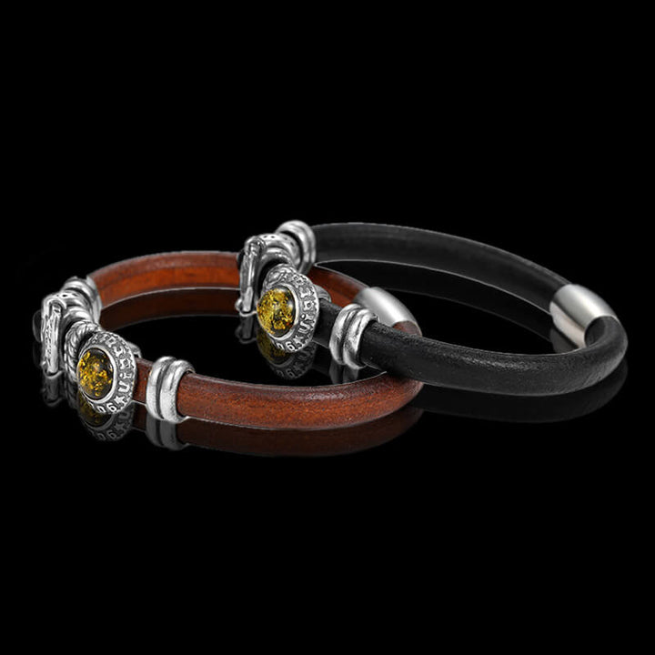 Vintage Cowhide Amber Onyx 925 Sterling Silver Bracelet