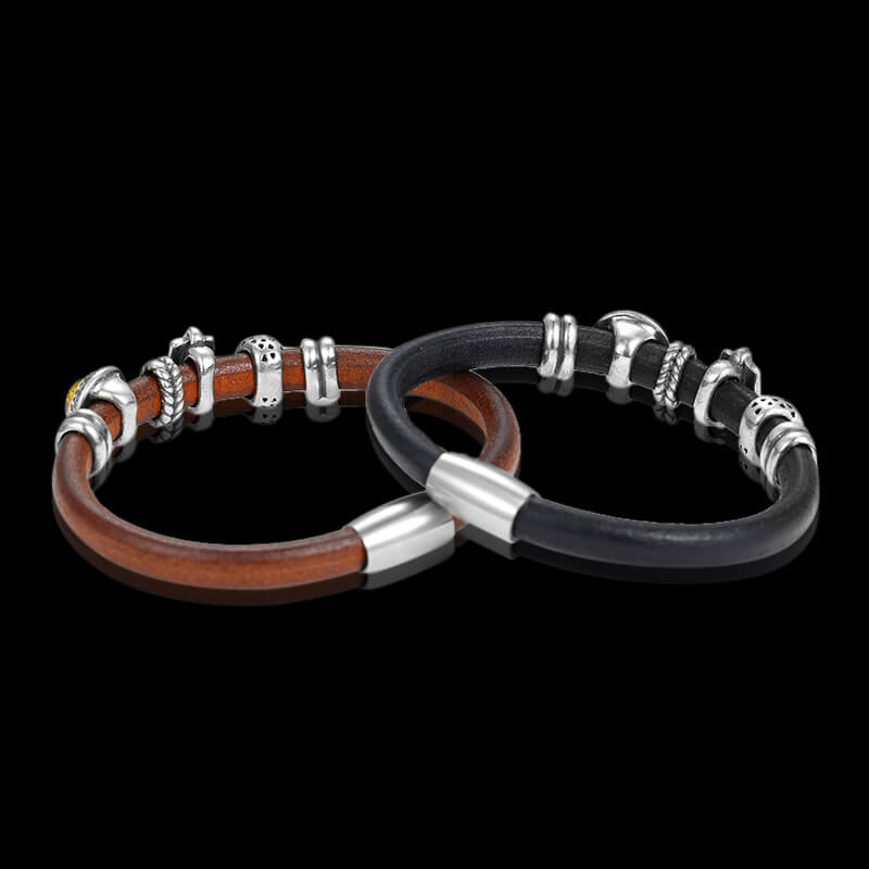 Vintage Cowhide Amber Onyx 925 Sterling Silver Bracelet