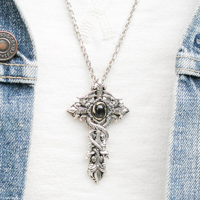 Vintage Dragon Wrap 925 Sterling Silver Cross Pendant 02 | RoyalLuster.com