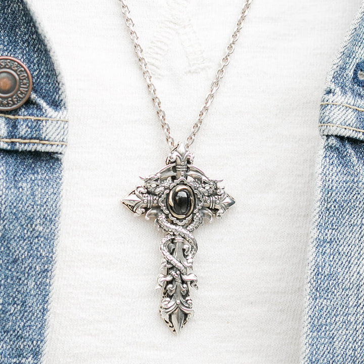 Vintage Dragon Wrap 925 Sterling Silver Cross Pendant 02 | RoyalLuster.com