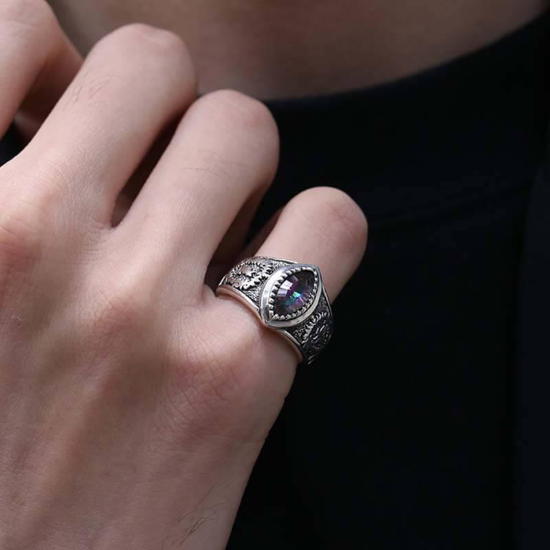 Vintage Eye-Shaped Colorful Gemstone 925 Sterling Silver Ring 02 | RoyalLuster.com
