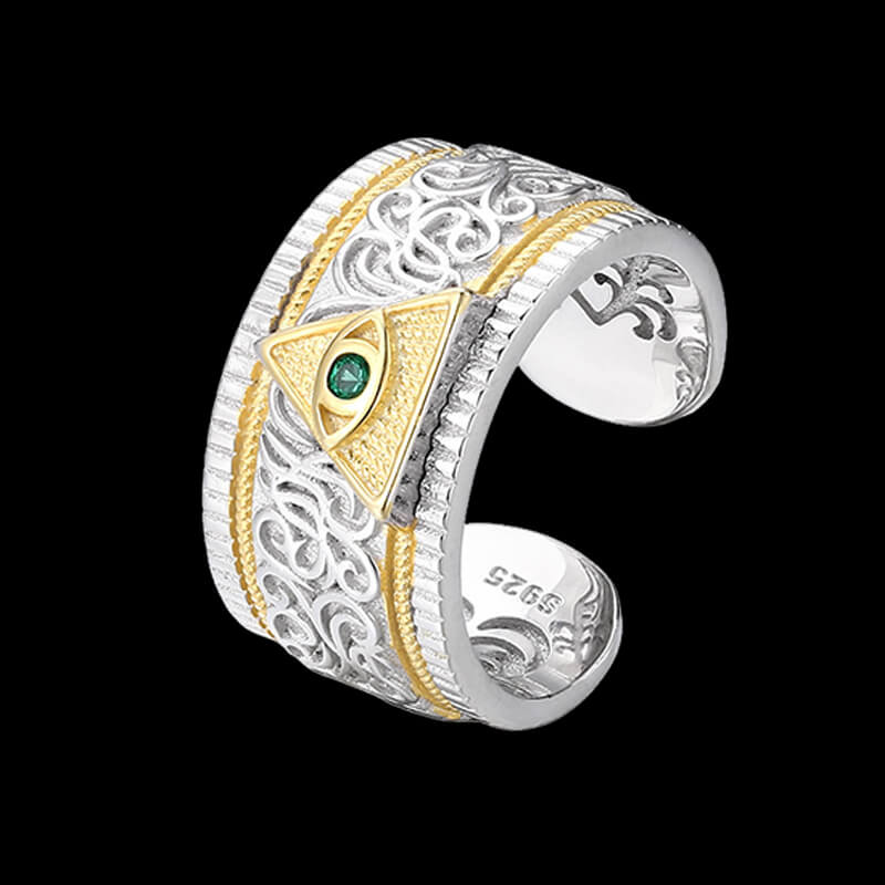 Vintage Pattern Eye of Providence 925 Sterling Silver Open Ring 01 | RoyalLuster.com