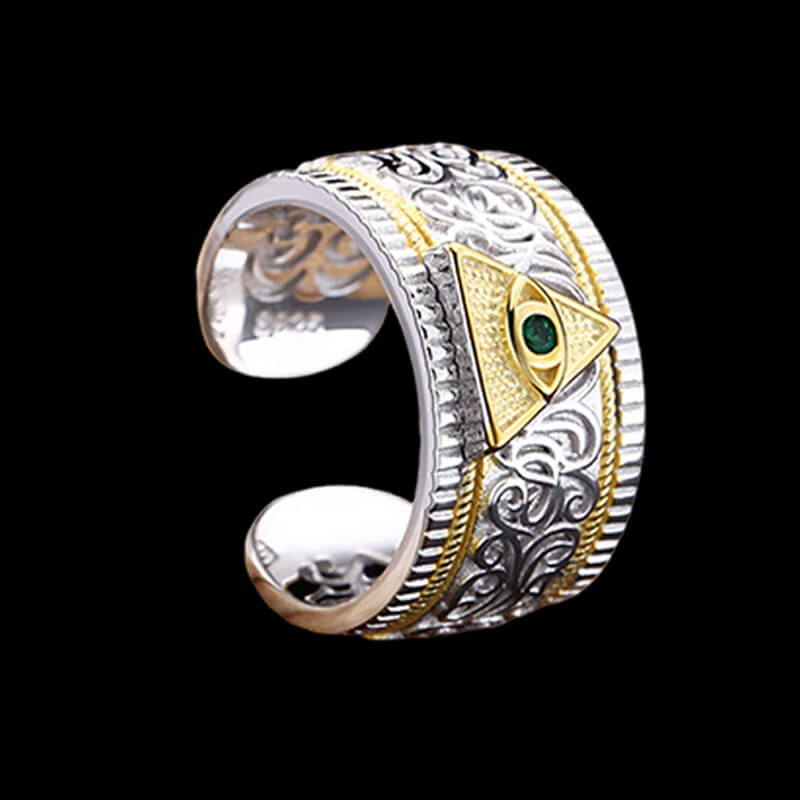 Vintage Pattern Eye of Providence 925 Sterling Silver Open Ring 02 | RoyalLuster.com