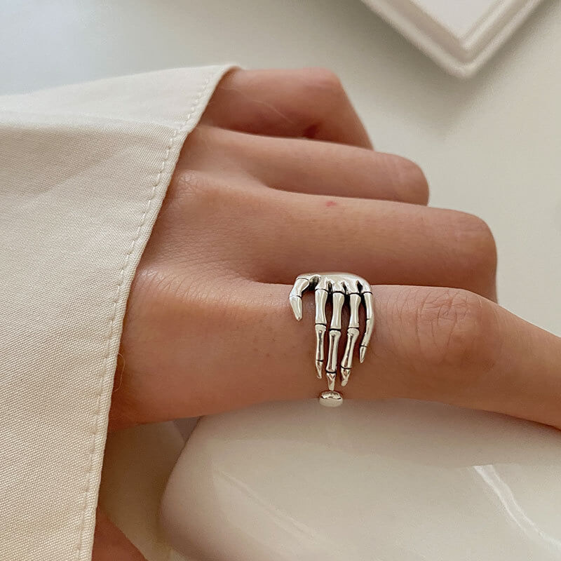 Vintage Skull Hand Bone 925 Sterling Silver Open Ring 02 | RoyalLuster.com
