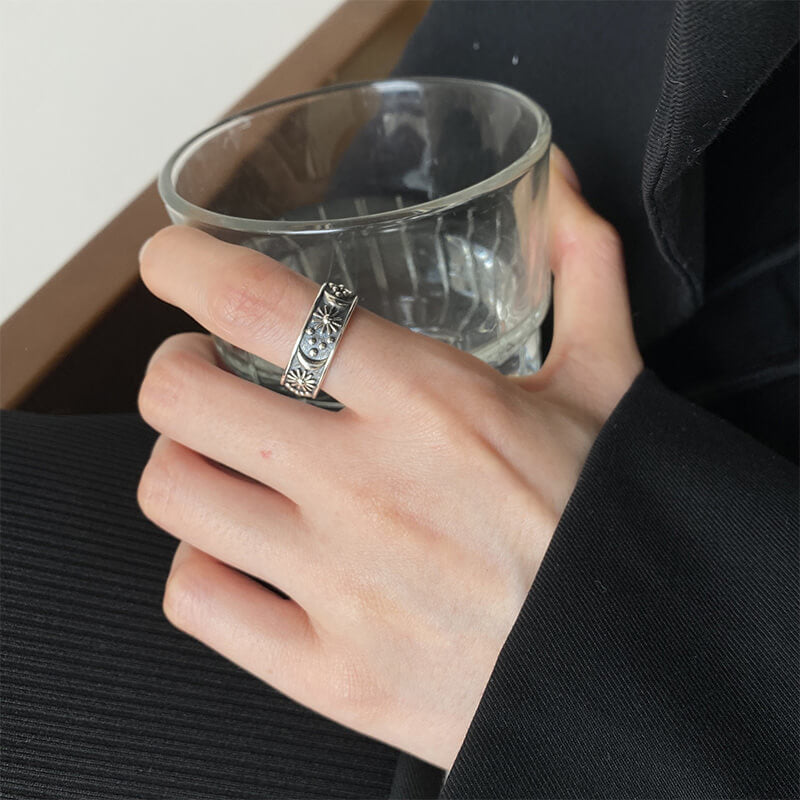 Vintage Star and Moon 925 Sterling Silver Couple's Ring 02 | RoyalLuster.com