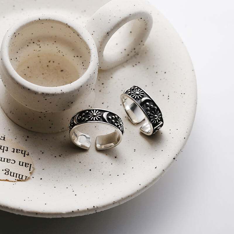Vintage Star and Moon 925 Sterling Silver Couple's Ring 04 | RoyalLuster.com
